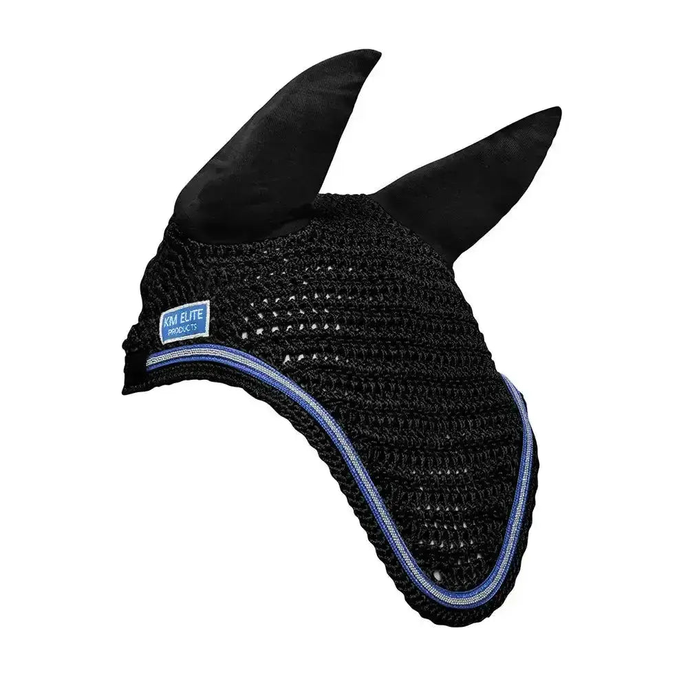 Black knitted km elite fly veil with plush pointed ears and electric blue trim for horse ear protection