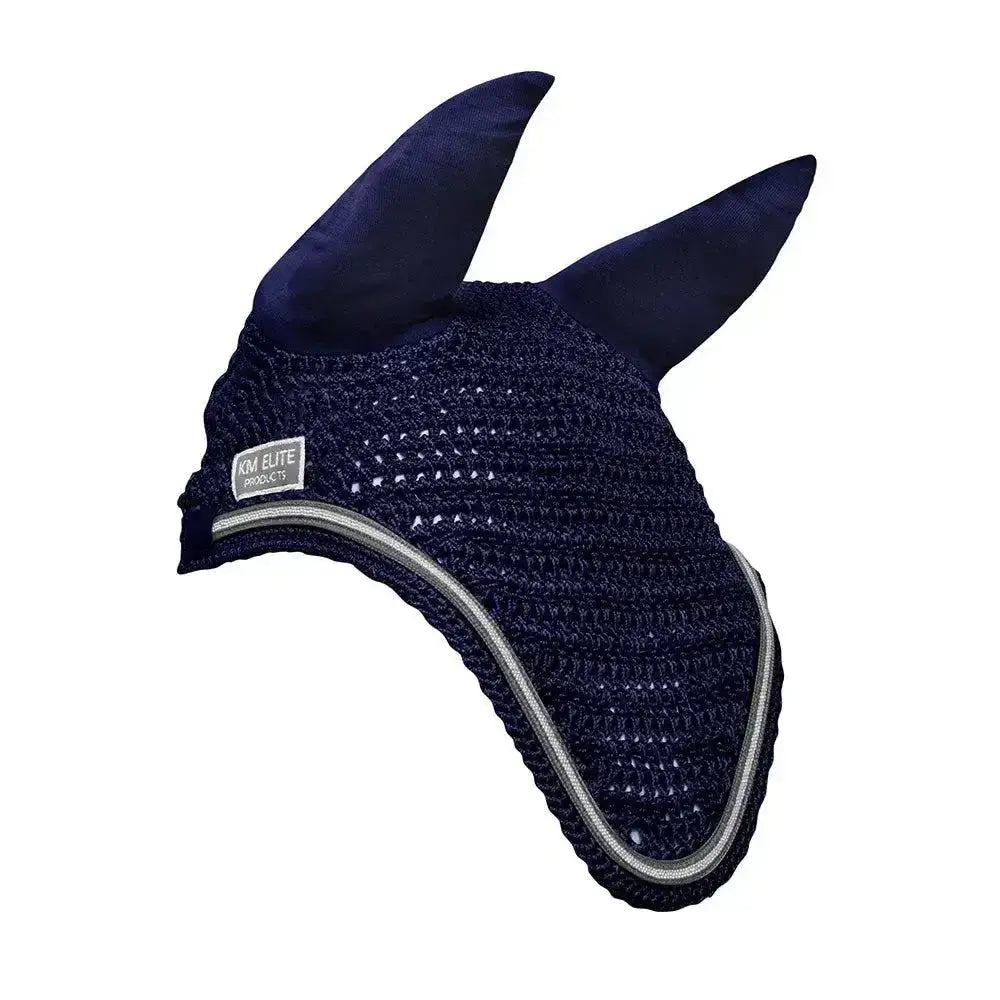 Navy blue knitted km elite fly veil with soft fabric ears and reflective silver trim for fly veil navy silver trim use
