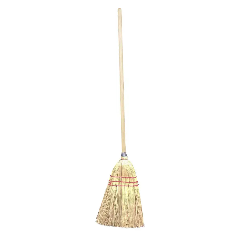 Km elite mini corn broom with natural straw bristles and light wooden handle bound by red bands