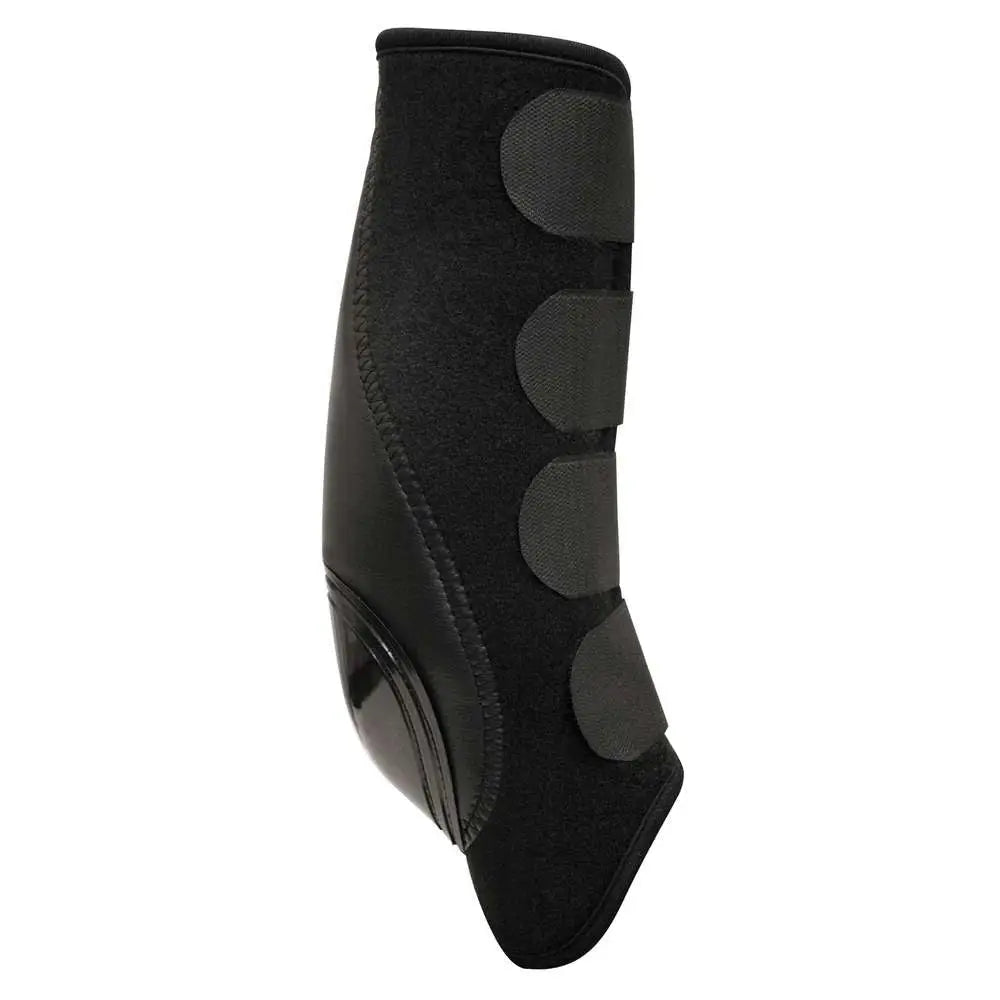 Black horse leg guard from the km elite skid-tech boot with hard-wearing neoprene and padded circular reinforcements