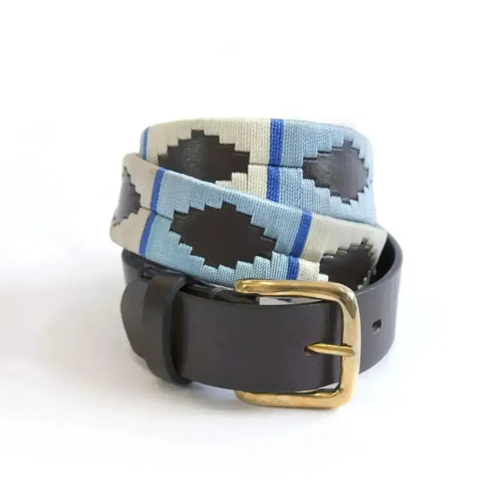 Km polo belt ice cool with a woven light blue dark brown cream geometric pattern and black leather strap elite polo belt