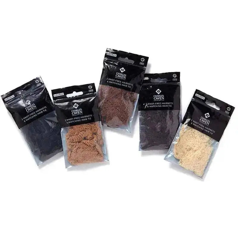 Charles Owen knot-free hairnets with matching hair tie in assorted colors packaged individually for secure fit