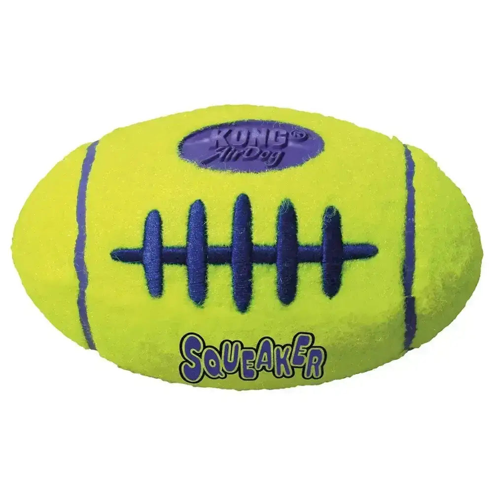 Bright yellow kong airdog squeaker football toy with purple stitching for durable fetch fun