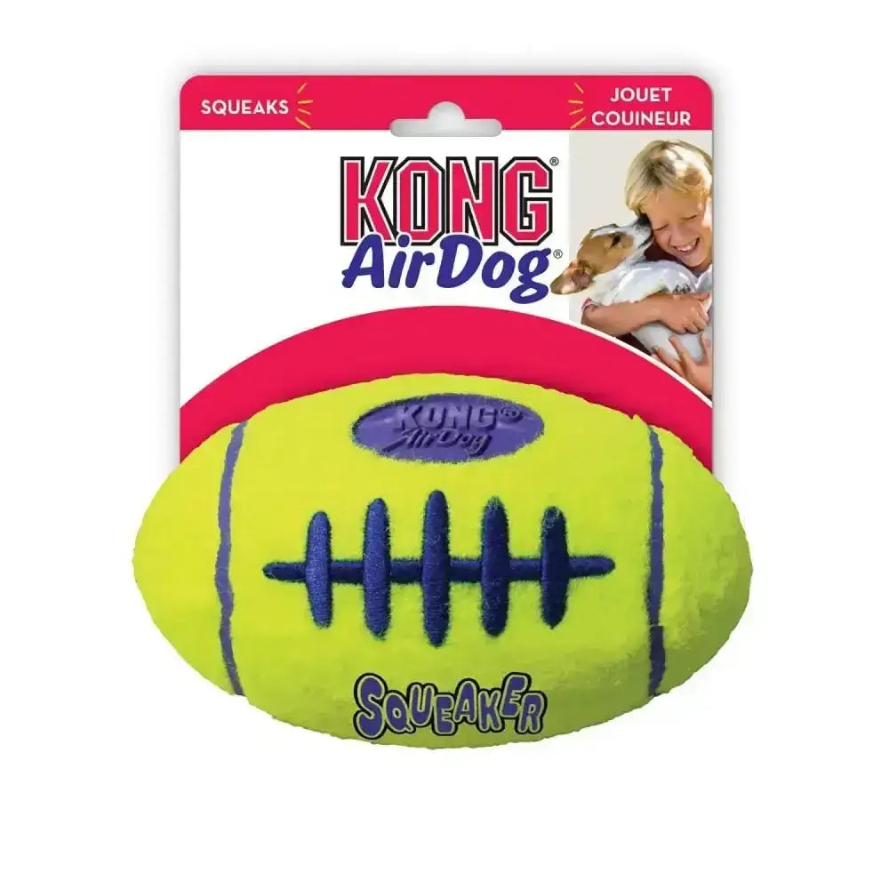 Bright yellow kong airdog squeaker football toy with blue stitching and purple kong airdog logo for dogs to play with