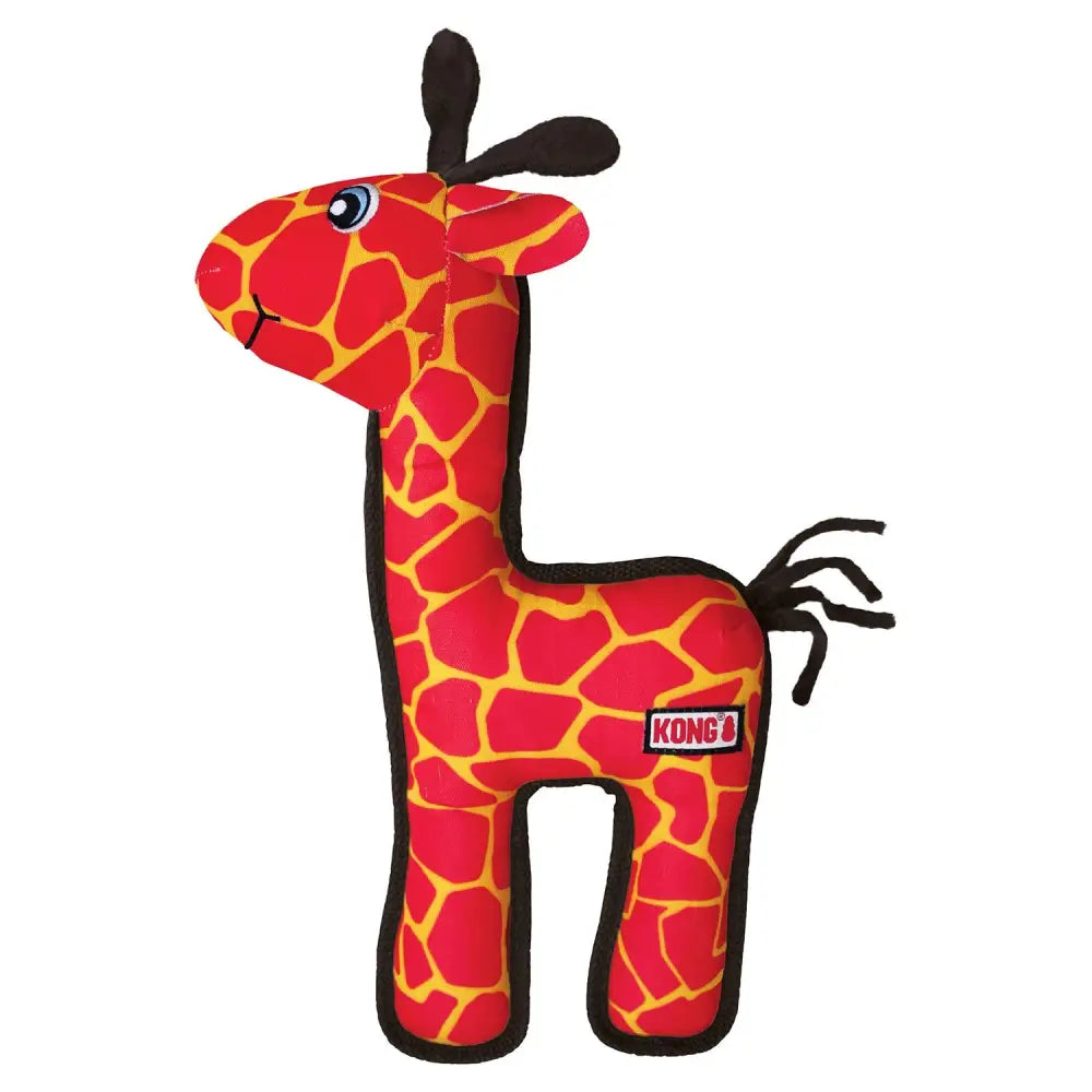 Red and yellow kong ballistic giraffe plush dog toy with black accents featuring kong logo for tough play
