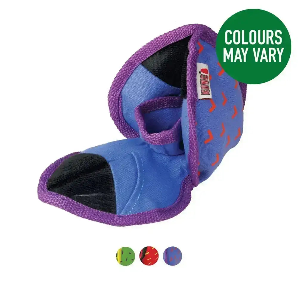 Purple and blue kong ballistic hide n treat boot toy with red heart patterns for treat dispensing fun