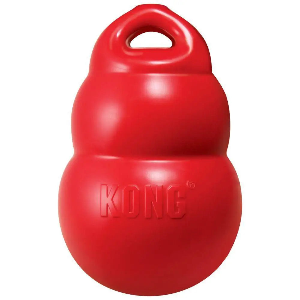 Red kong bounzer medium dog toy with glossy durable rubber surface and sturdy handle for tough play sessions