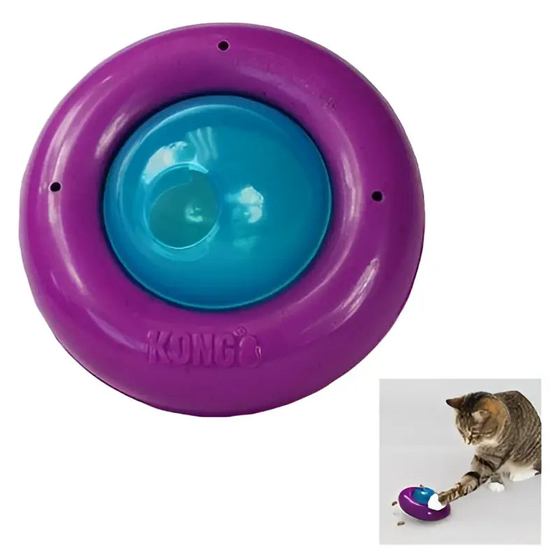 Purple and teal kong cat infused cat gyro toy with a central rotating ball and catnip oil scent for active play
