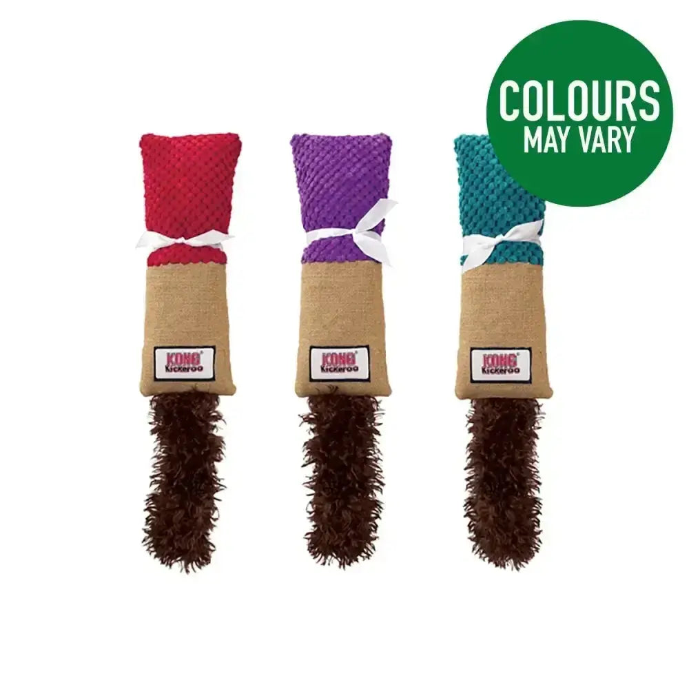 Three kong cat kickeroo cuddler toys with colorful knitted tops red purple teal and white ribbon ties with fuzzy tails
