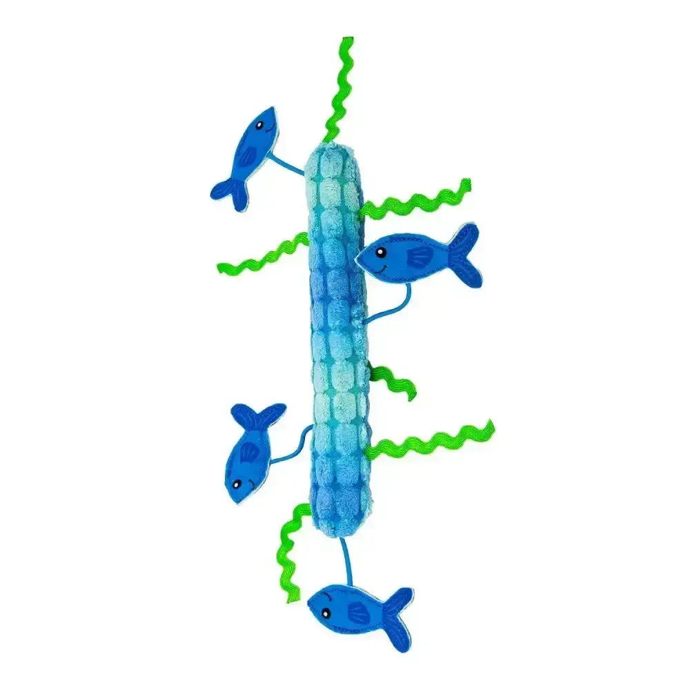 Blue plush fish toy with green wavy seaweed accents from kong cat kickeroo stickeroo delivers multi sensory enrichment