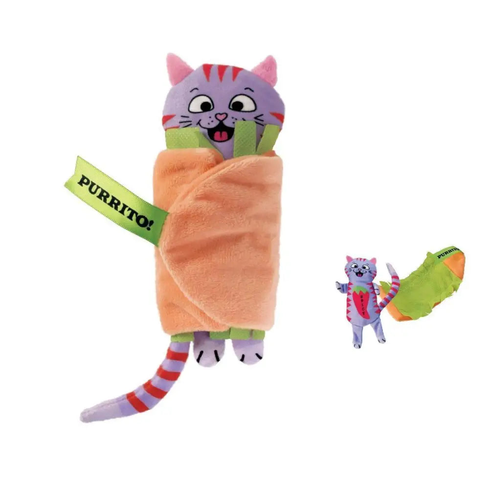 A plush purple and red striped kong cat pull-a-partz purrito with crinkle sounds wrapped in an orange wrap with green ribbon
