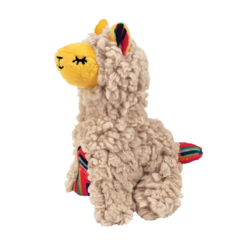 A plush cream kong cat softies buzzy llama toy with a yellow face and rainbow-striped ears tail and legs for cats
