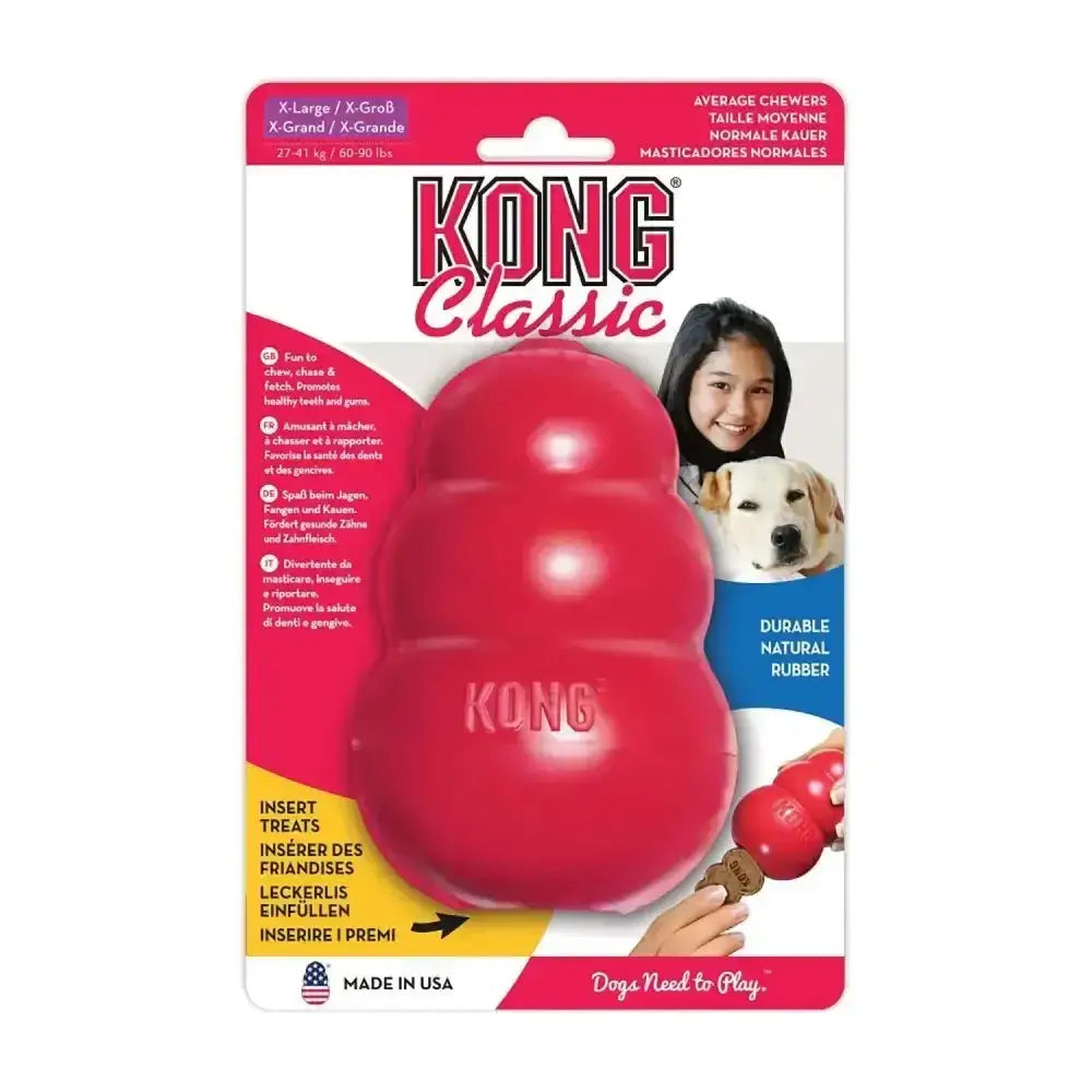Bright red three segmented kong classic dog toy made of durable natural rubber the gold standard in dog toys