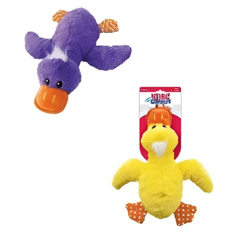 Purple plush kong comfort jumbo duck toy with orange beak and feet crinkle paper feet and two squeakers