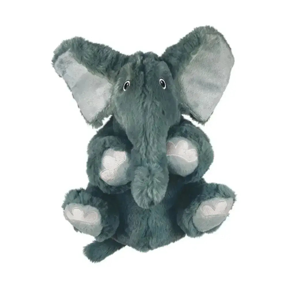 A plush gray kong comfort kiddos elephant dog toy with soft fuzzy fur and light gray ears and feet pads