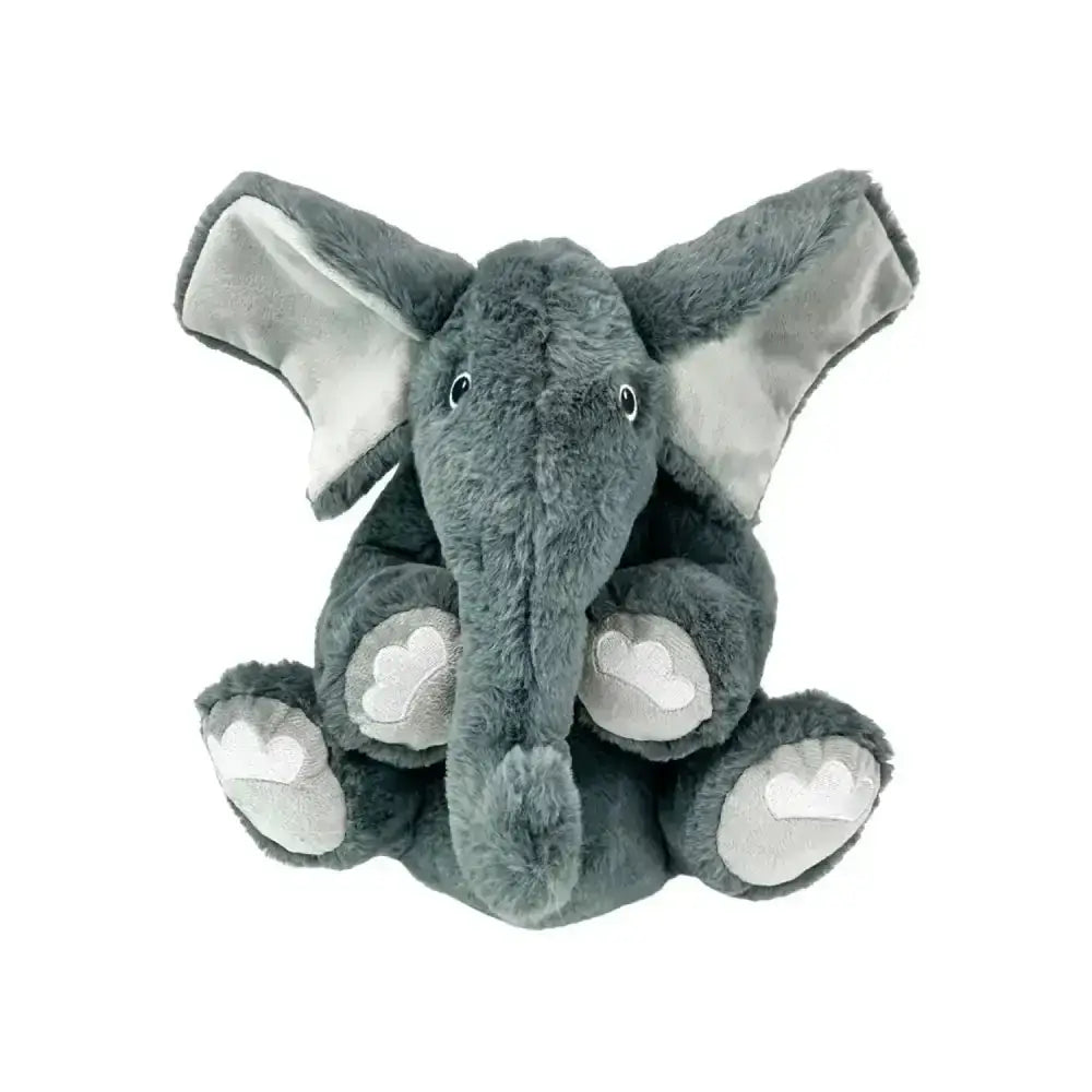 A plush gray kong comfort kiddos jumbo elephant cat toy with soft fuzzy fur and silver heart patches on its feet