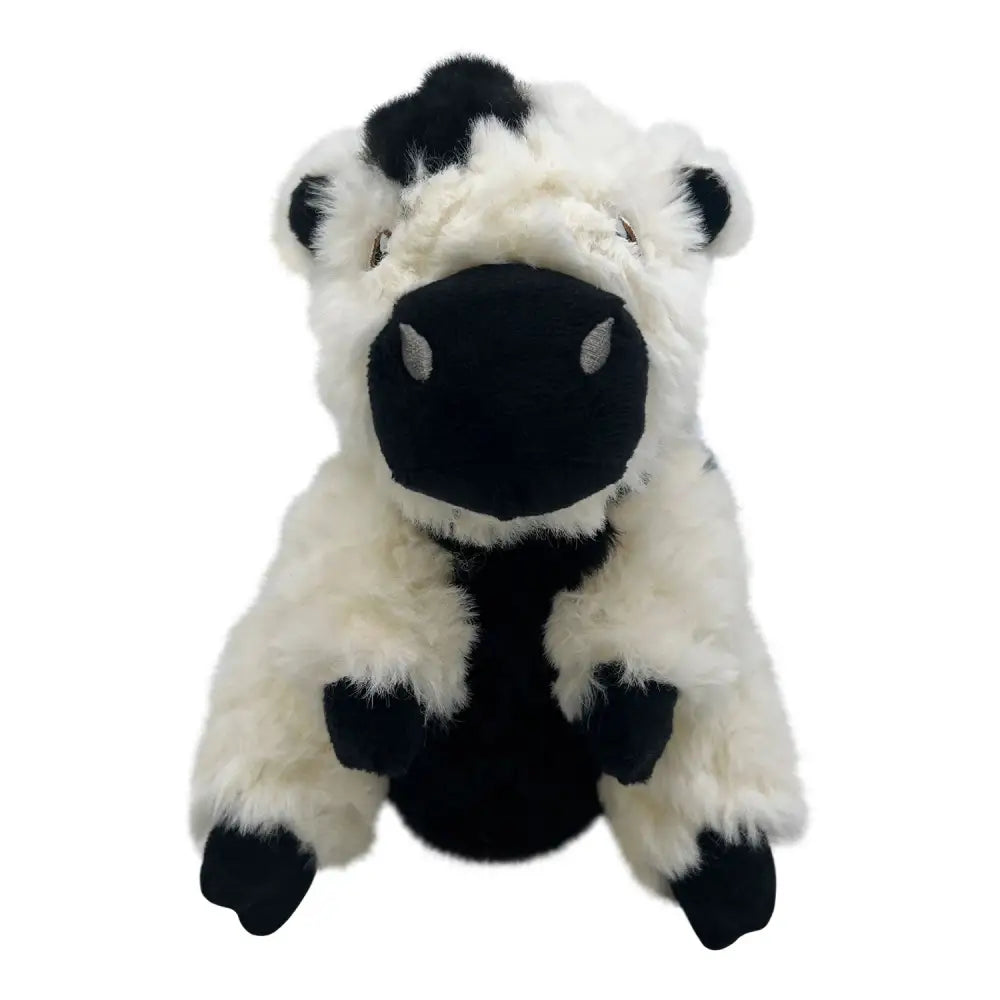 Cute black and white kong comfort tykes cow plush toy with fluffy fur perfect as a comfort tykes cow toy