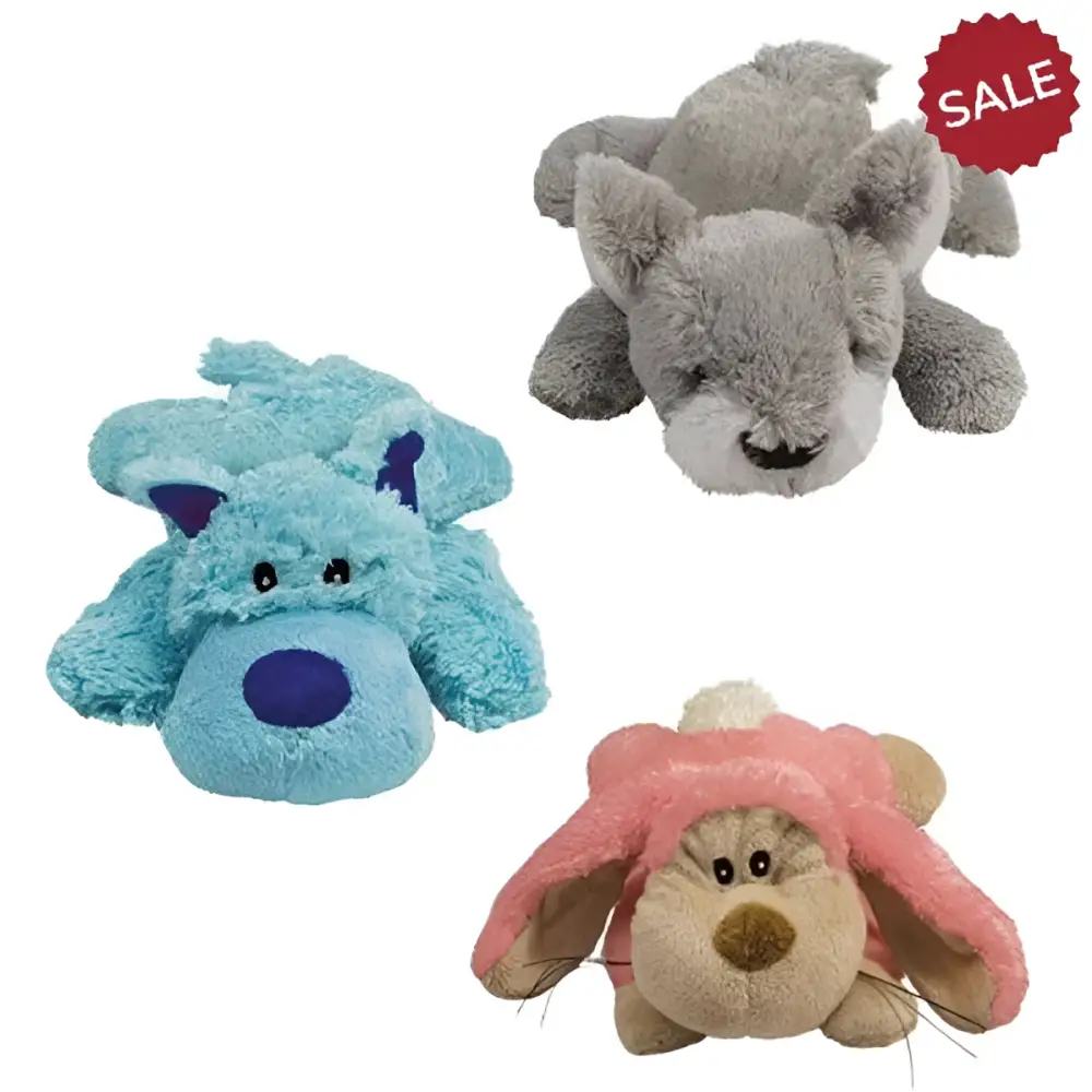 Three kong cozie pastels plush dog toys in soft fuzzy fabric perfect for snuggle time and adanish designed strength