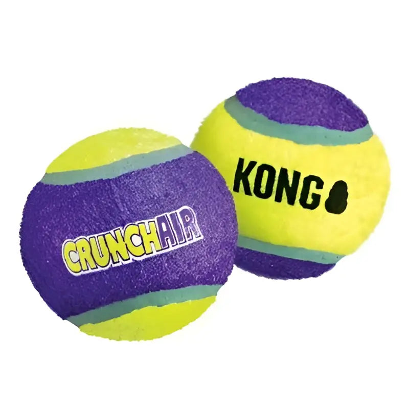 Purple and yellow kong crunchair balls x3 small with textured plush surface and kong logo for crunching sensation play