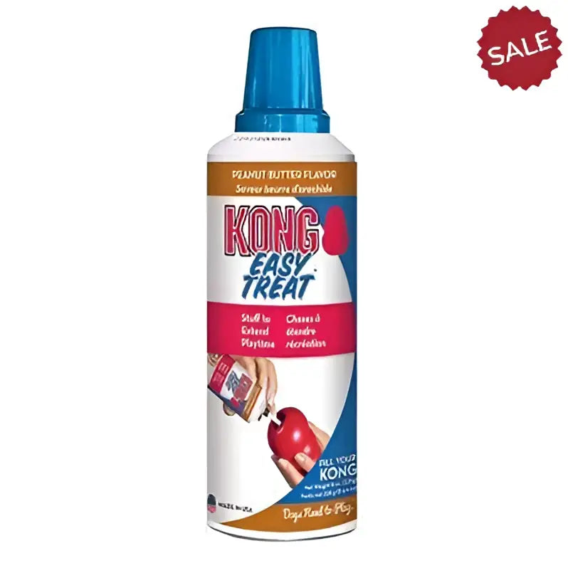 Kong easy treat peanut butter easy treat spray in white can with blue cap and red label for stuffed kong use