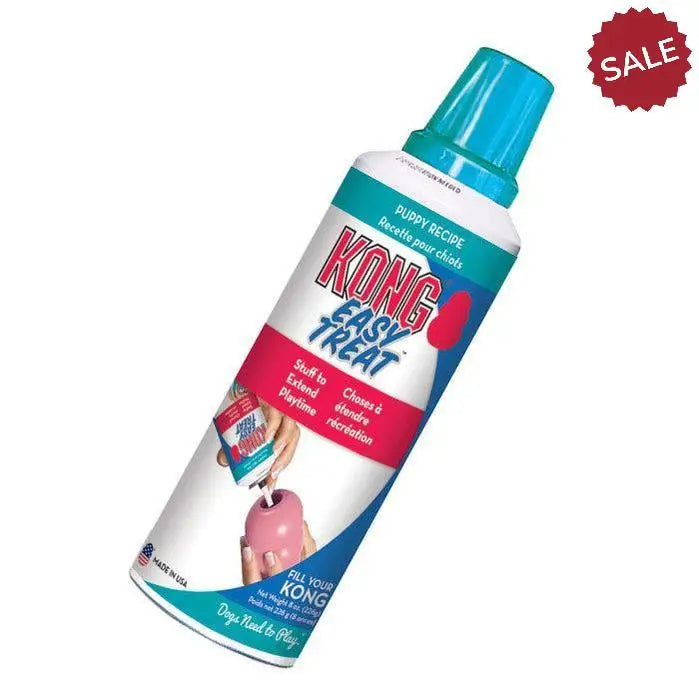 Kong easy treat puppy spray can with teal cap and colorful kong label perfect for treat puppy training