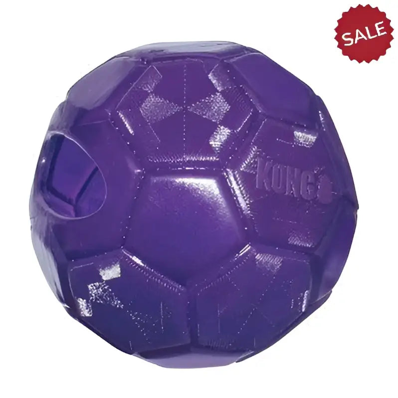 Purple kong flexball med large soccer ball shaped dog toy with textured hexagonal panels and embossed kong logo