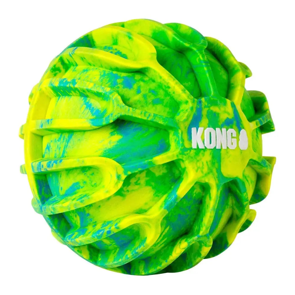 Kong flexball sport ball in vibrant neon green and blue with a textured ridged surface made of durable swirled material