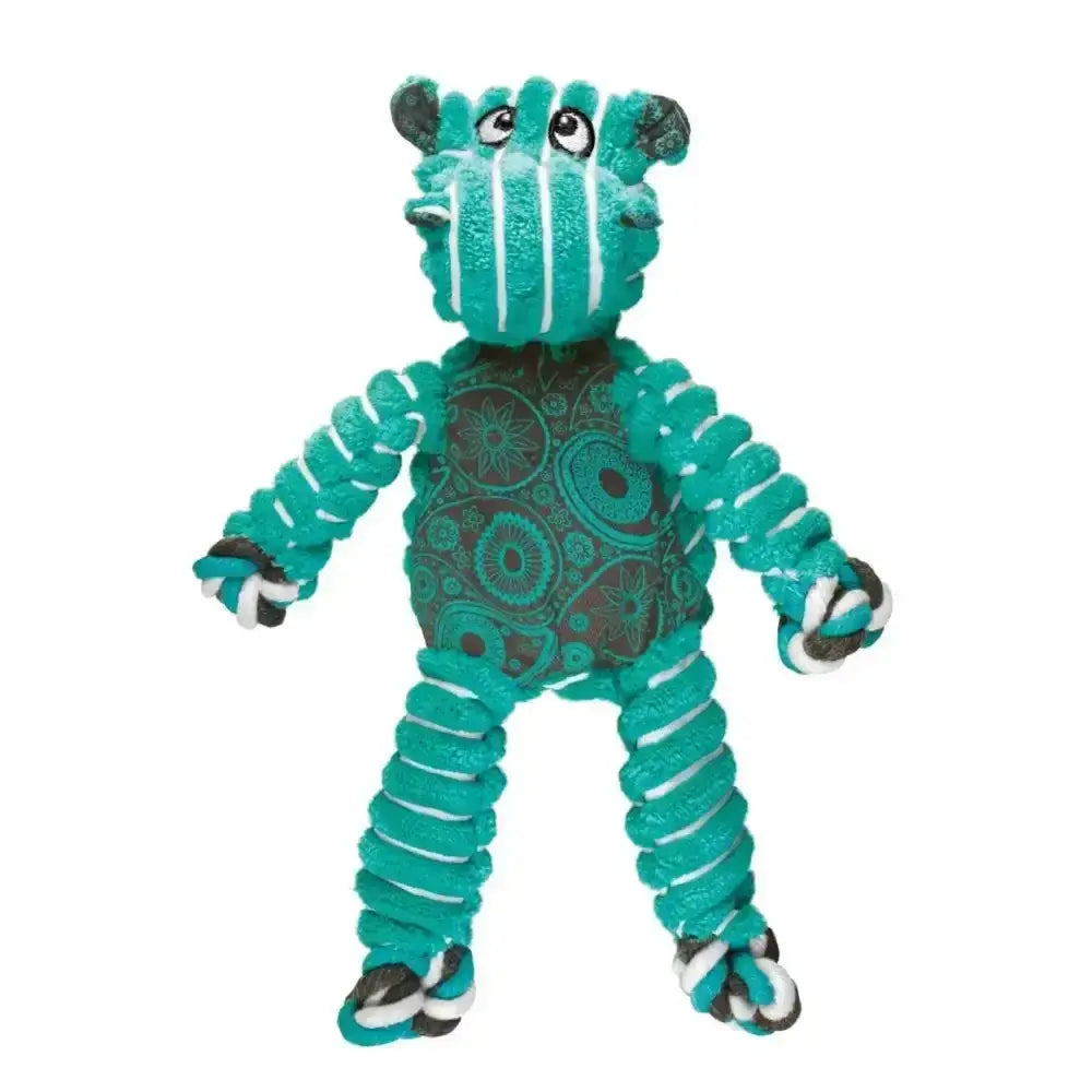 Teal and white rope textured floppy knots hippo dog toy shaped like a zebra with black eyes ears and feet by kong