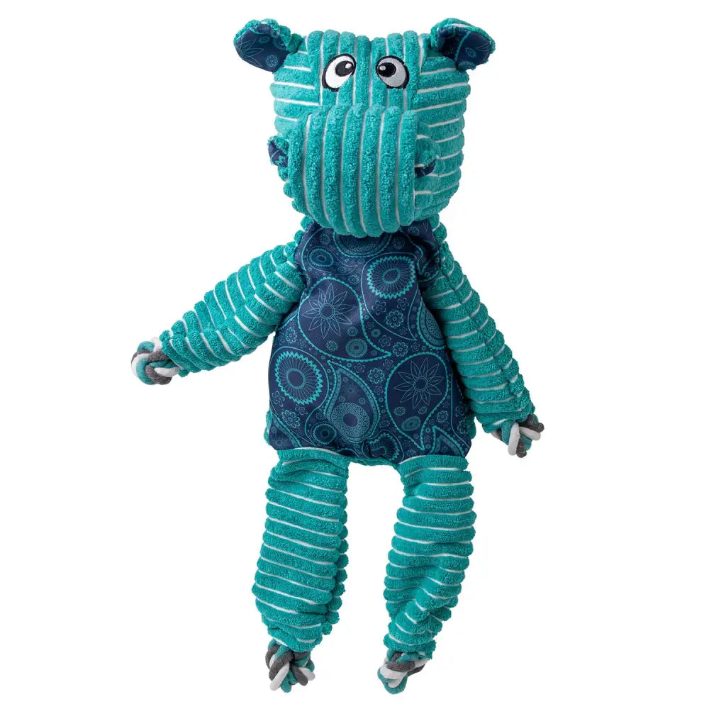 Teal corduroy kong floppy knots jumbo hippo dog toy with navy paisley belly and knotted rope details