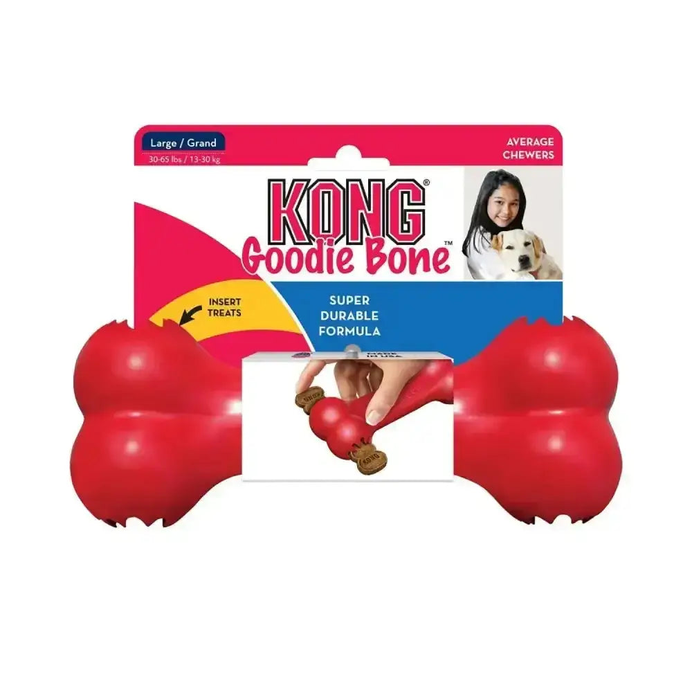 Red kong goodie bone strong rubber toy with classic bone shape and textured surface for chewing fun