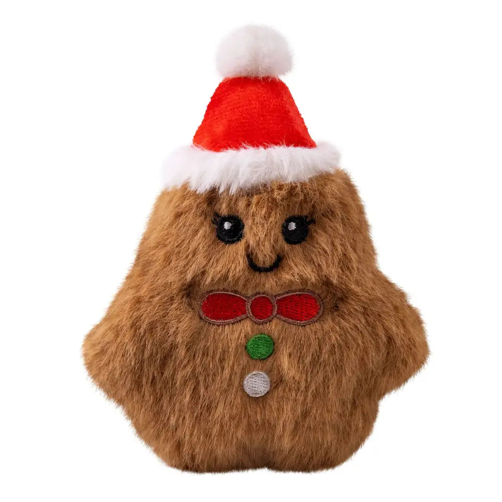 A plush fuzzy brown kong holiday snuzzles gingerbread mini toy wearing a santa hat with a red bow tie and buttons