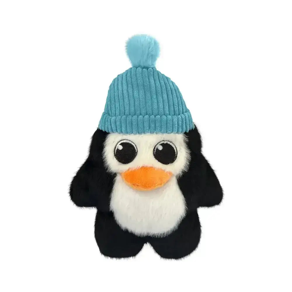 Cute black and white plush kong holiday snuzzles penguin dog toy wearing a light blue corduroy hat with pom-pom