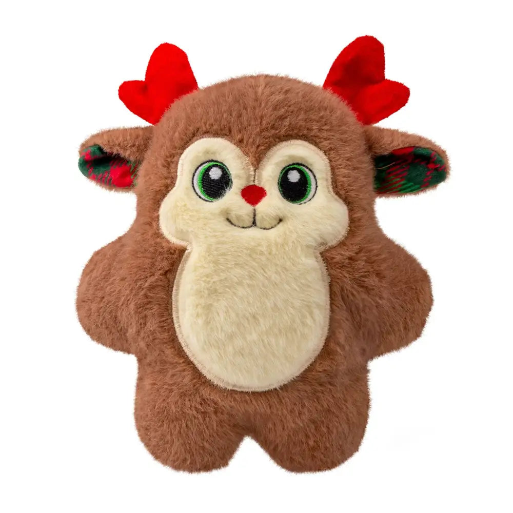A plush kong holiday snuzzles reindeer red antlers toy with red heart antlers and a full-body squeaker inside