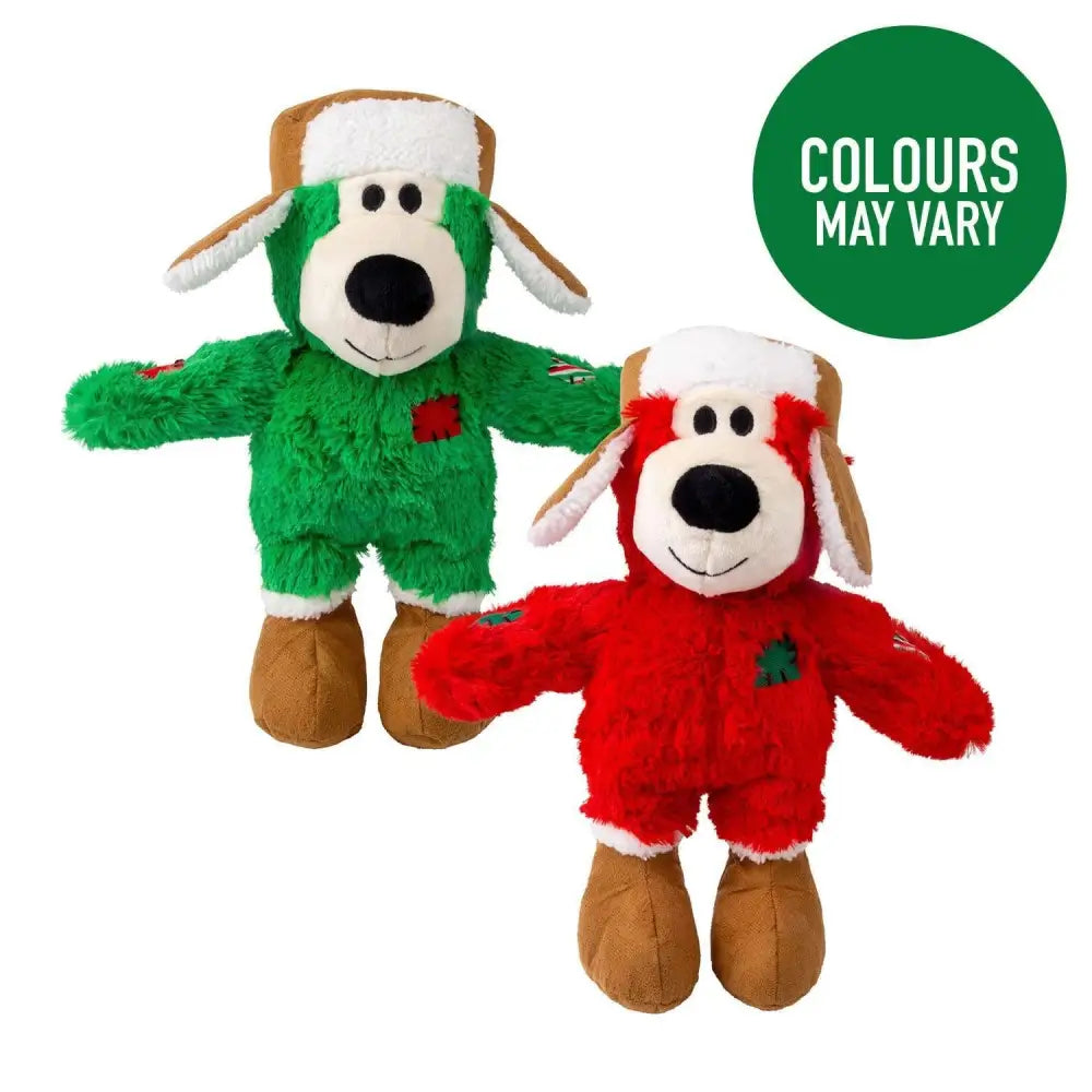 Two kong holiday wild plush dog toys in green and red with festive hats and brown boots from wild knots bear series