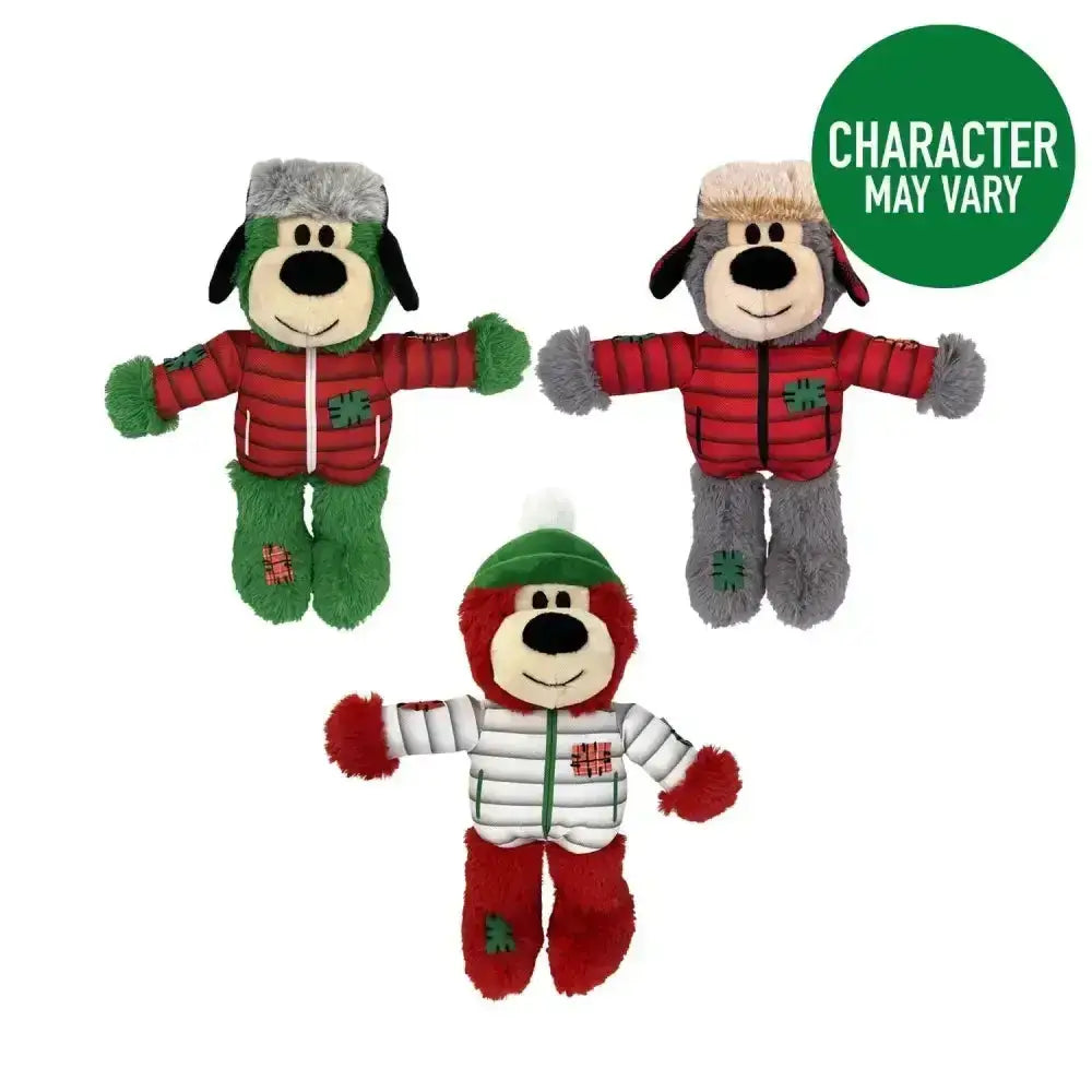 Three plush kong holiday wild knots bear dog toys dressed in festive red and green winter outfits