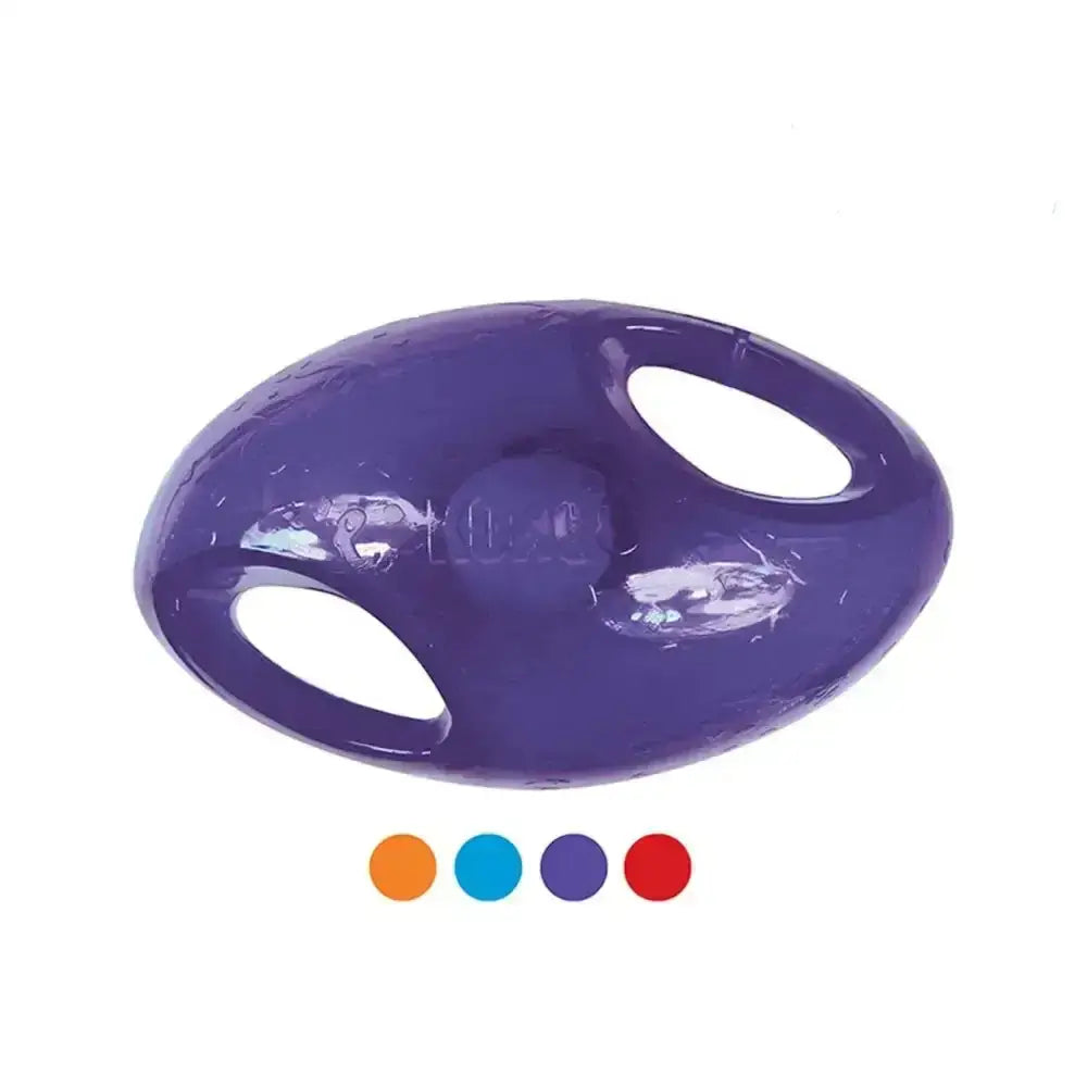 Purple glossy plastic kong jumbler football dog toy with two oval cutouts and a central ball 2-in-1 ball toy