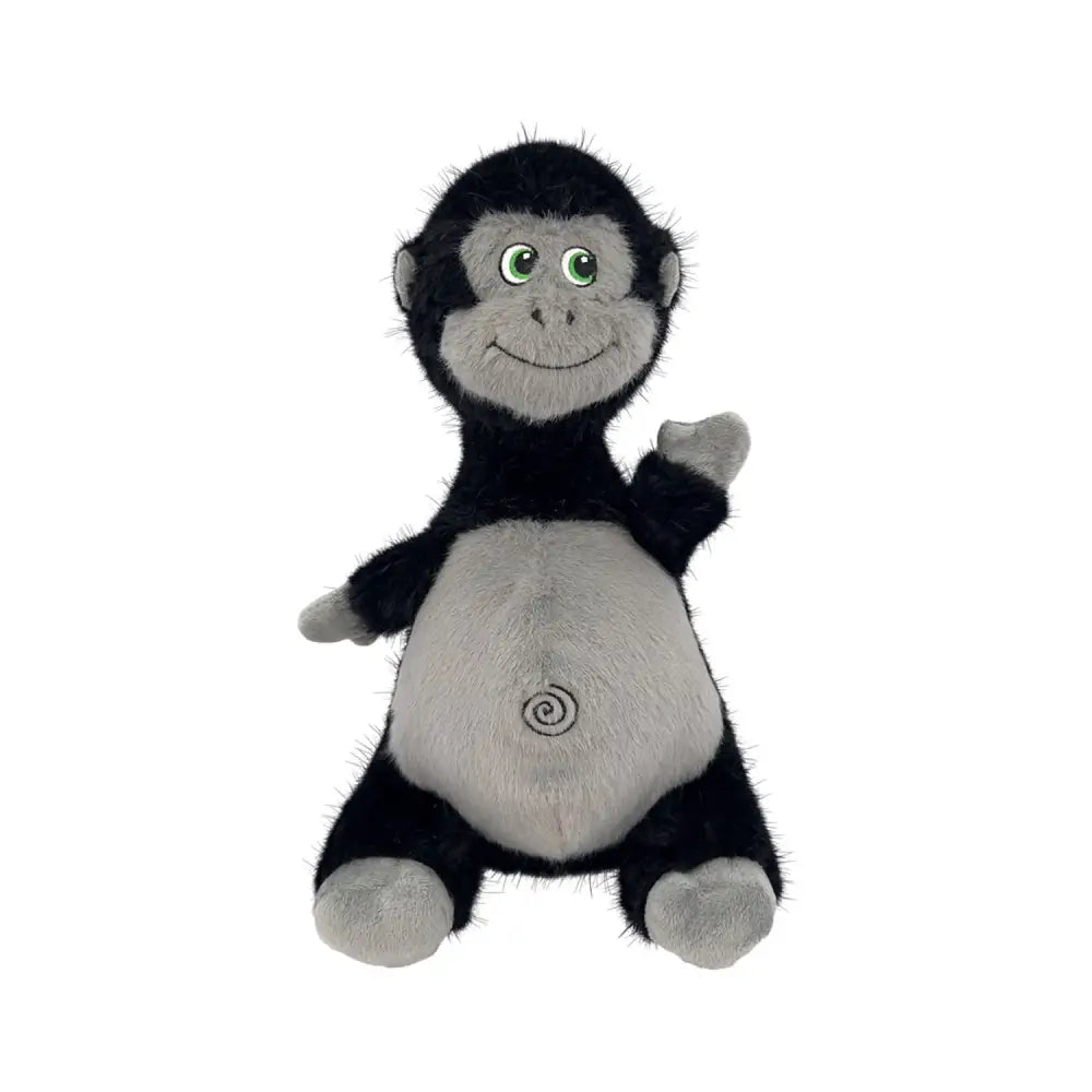 A plush kong knots belly gorilla toy in black and gray with green eyes made of durable rope and a rope ball inside