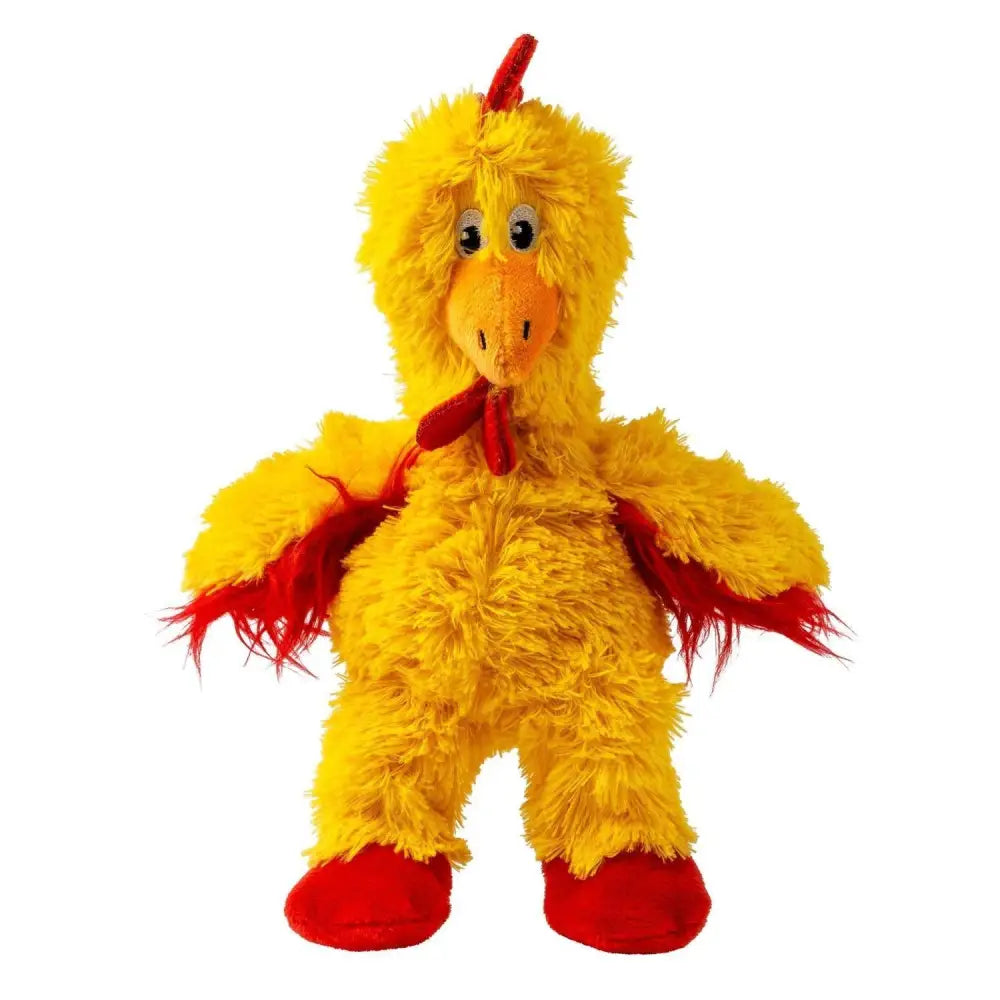 A plush yellow kong knots chicken toy with red feet and comb featuring a reinforced plush body and knotted rope skeleton