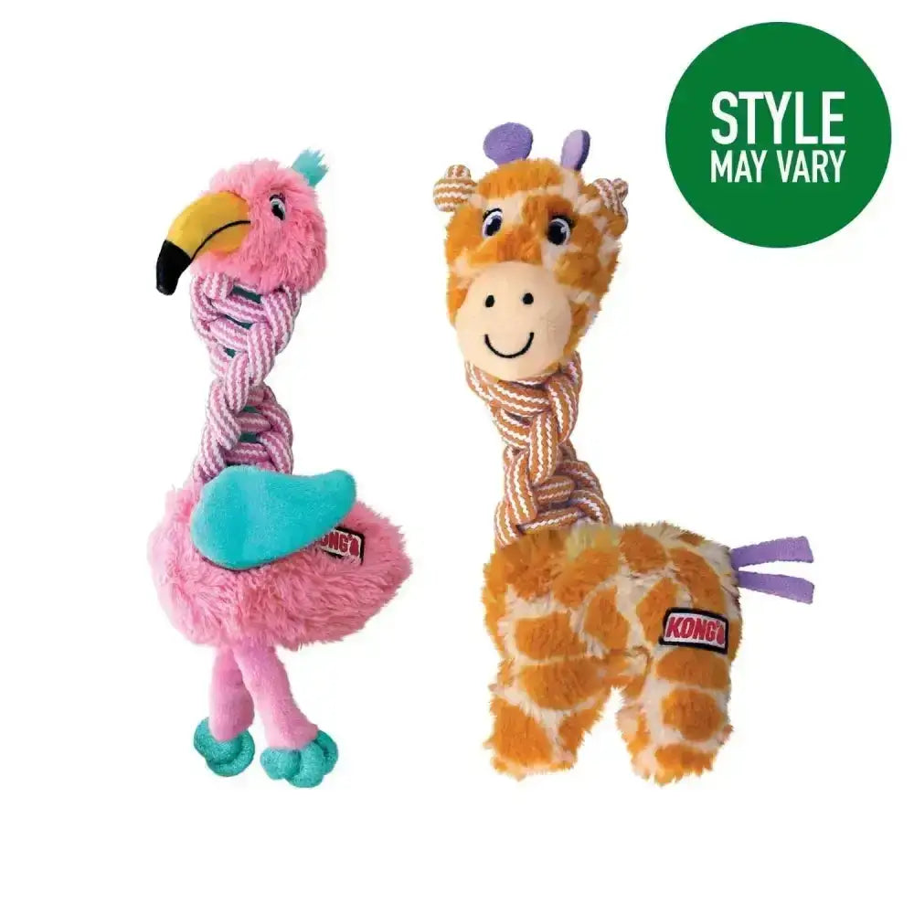 Pink and orange kong knots twists plush animal dog toys with braided rope bodies feature flamingo and giraffe designs that satisfy thrashing