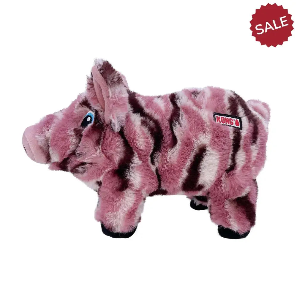 Pink and black striped plush pig toy by kong low stuff perfect for gentle play and chew sessions