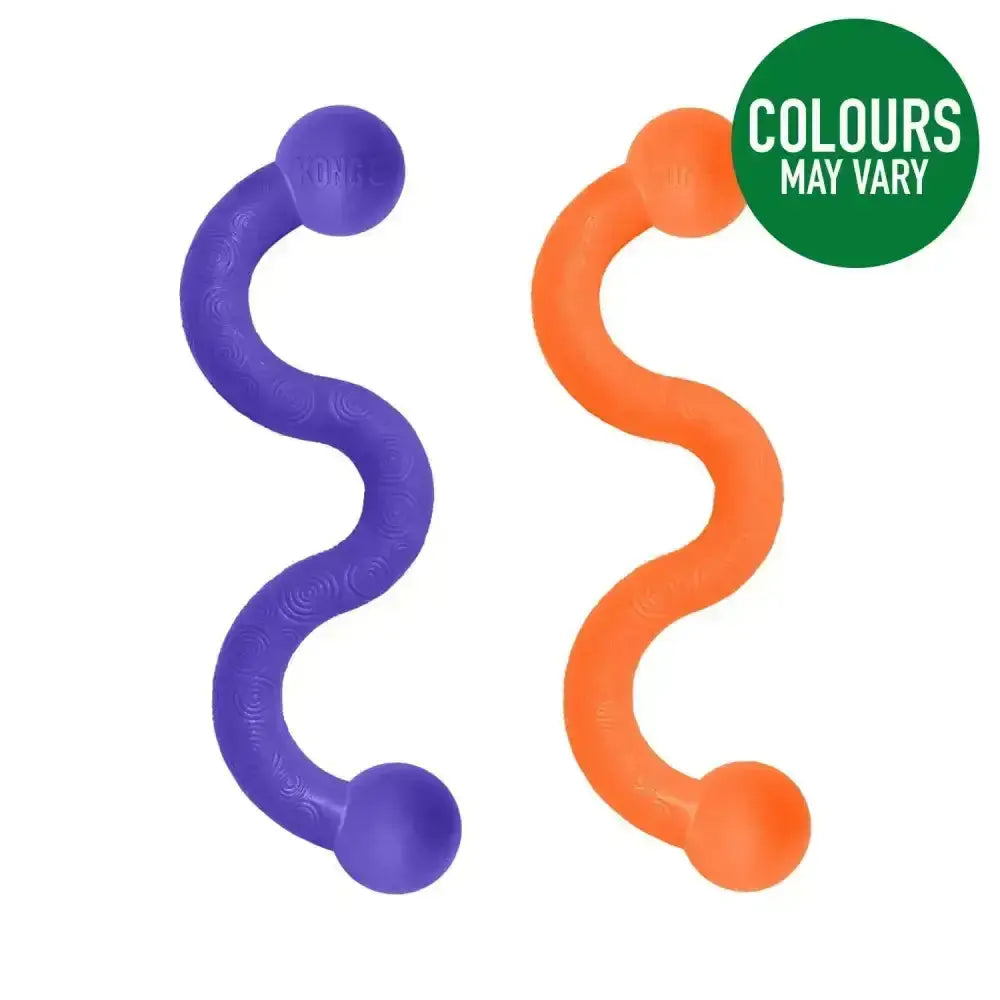 Purple and orange silicone s-shaped chew toys with rounded ends for kong ogee stick to satisfy tugging play