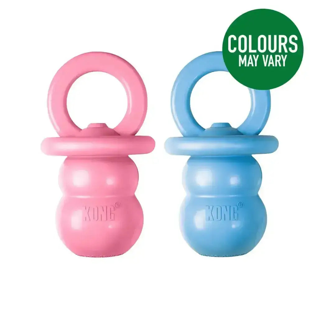 Pink and blue kong puppy binkie pacifier-shaped dog toys designed for chewing behaviour and teething puppies