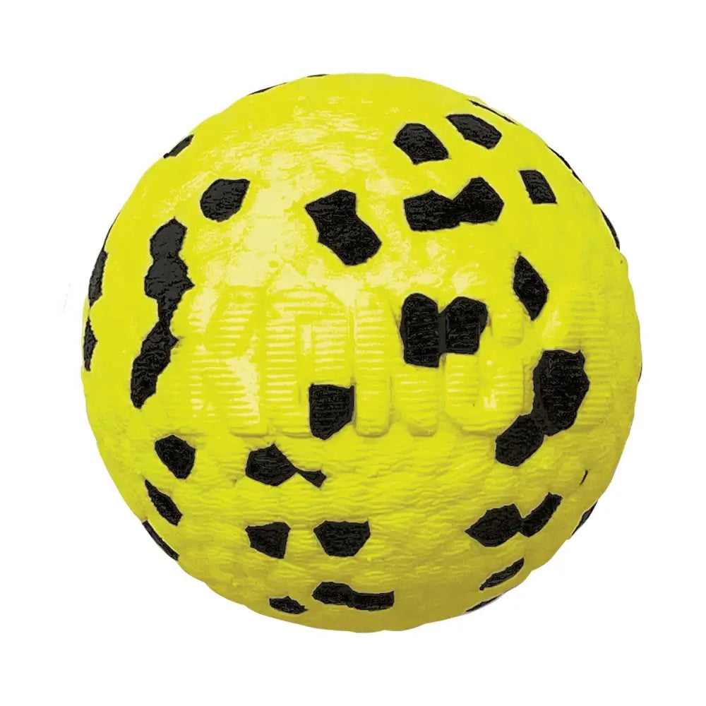 Bright yellow kong reflex ball dog toy with black paw prints made from cutting-edge self-healing material