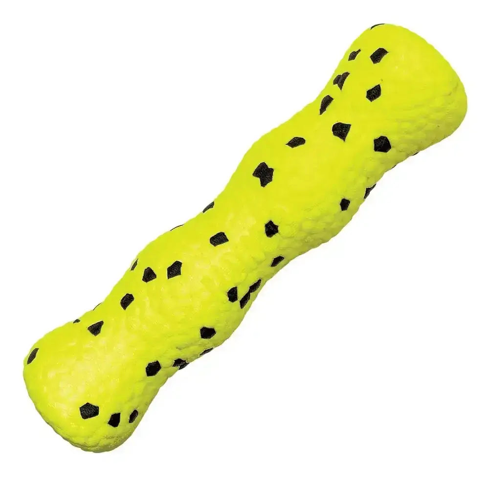 Bright yellow textured kong reflex stick dog toy with black spots inspired by running shoe soles for active play