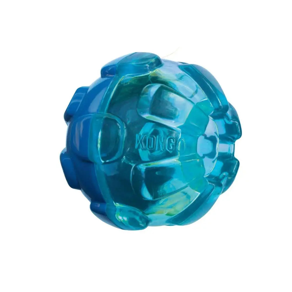 Translucent blue plastic kong rewards ball with textured segments for bouncing fun-filled feast that randomly dispenses treats