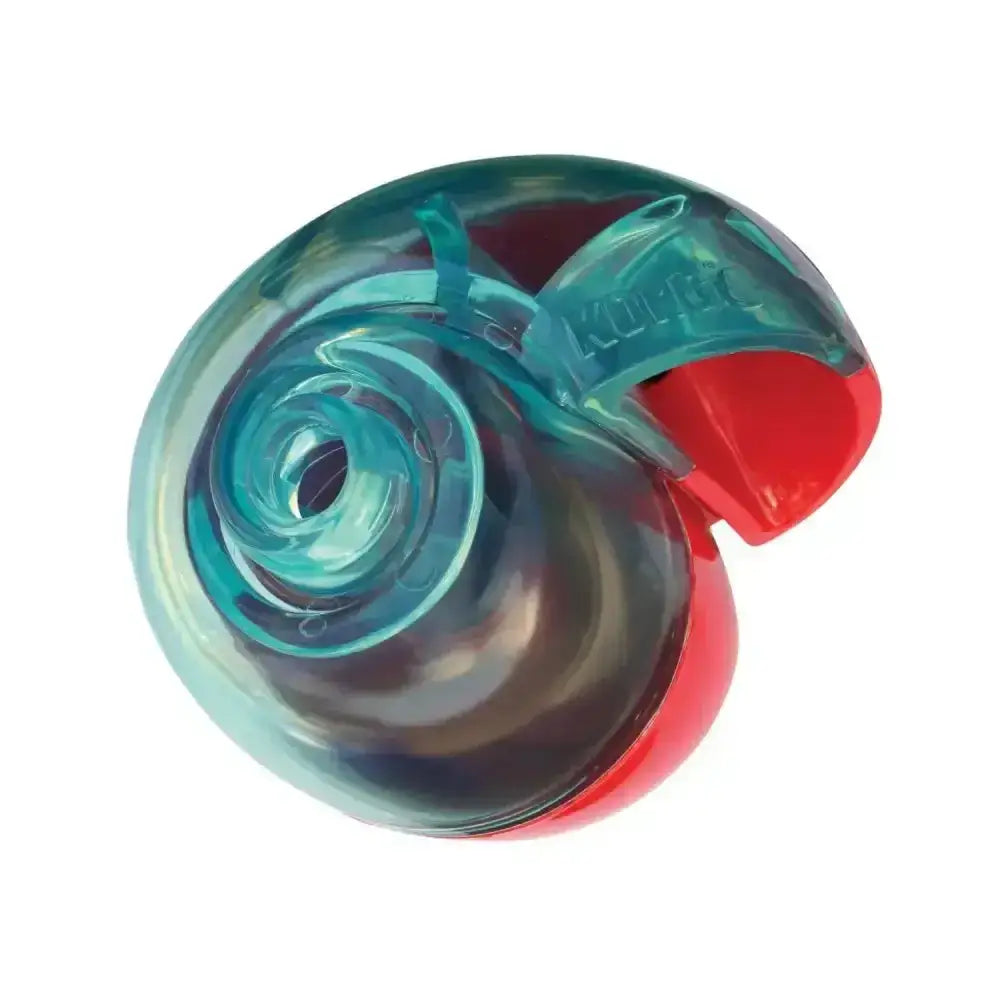 A translucent teal and red kong rewards shell dog toy shaped like a snail with a spiral shell design for bouncing fun filled play