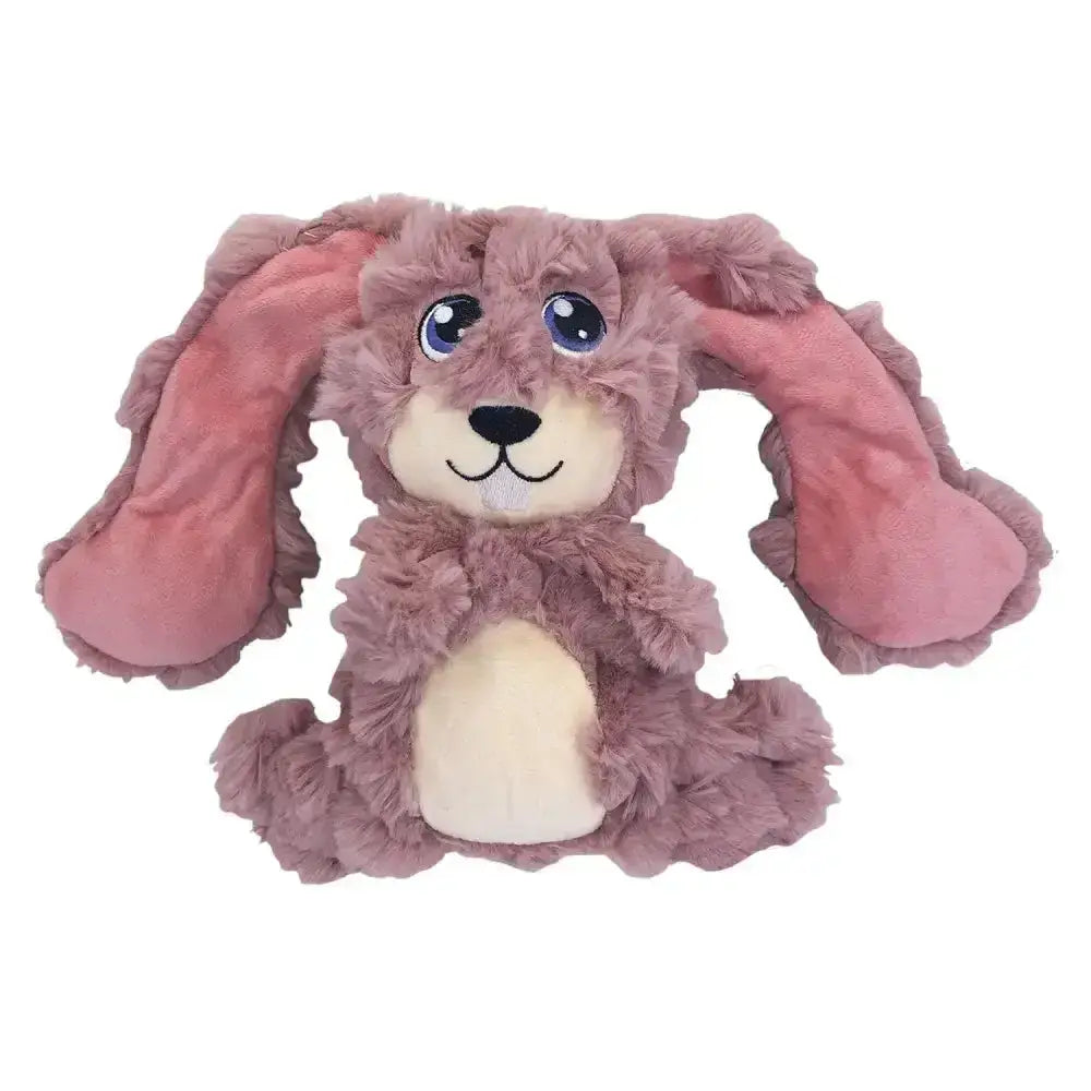A kong scrumplez bunny dog toy made of irresistibly soft plush in pink and mauve with long floppy ears