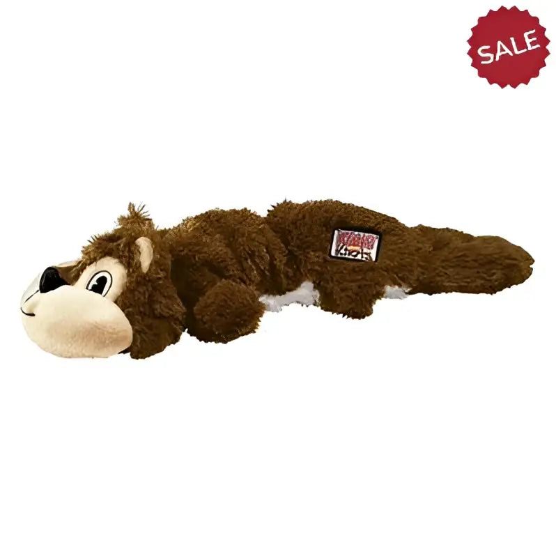 Brown plush kong scrunch knots knots squirrel medium dog toy with white belly and red label to satisfy natural instincts