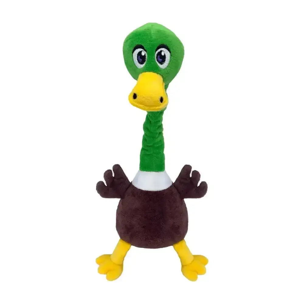 A plush green and brown mallard dog toy with yellow beak and embroidered eyes from kong shakers bobz collection