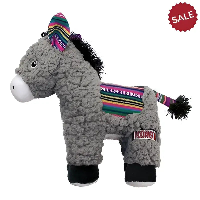 Gray plush kong sherps donkey with colorful striped fabric accents and black hooves sherps donkey medium toy